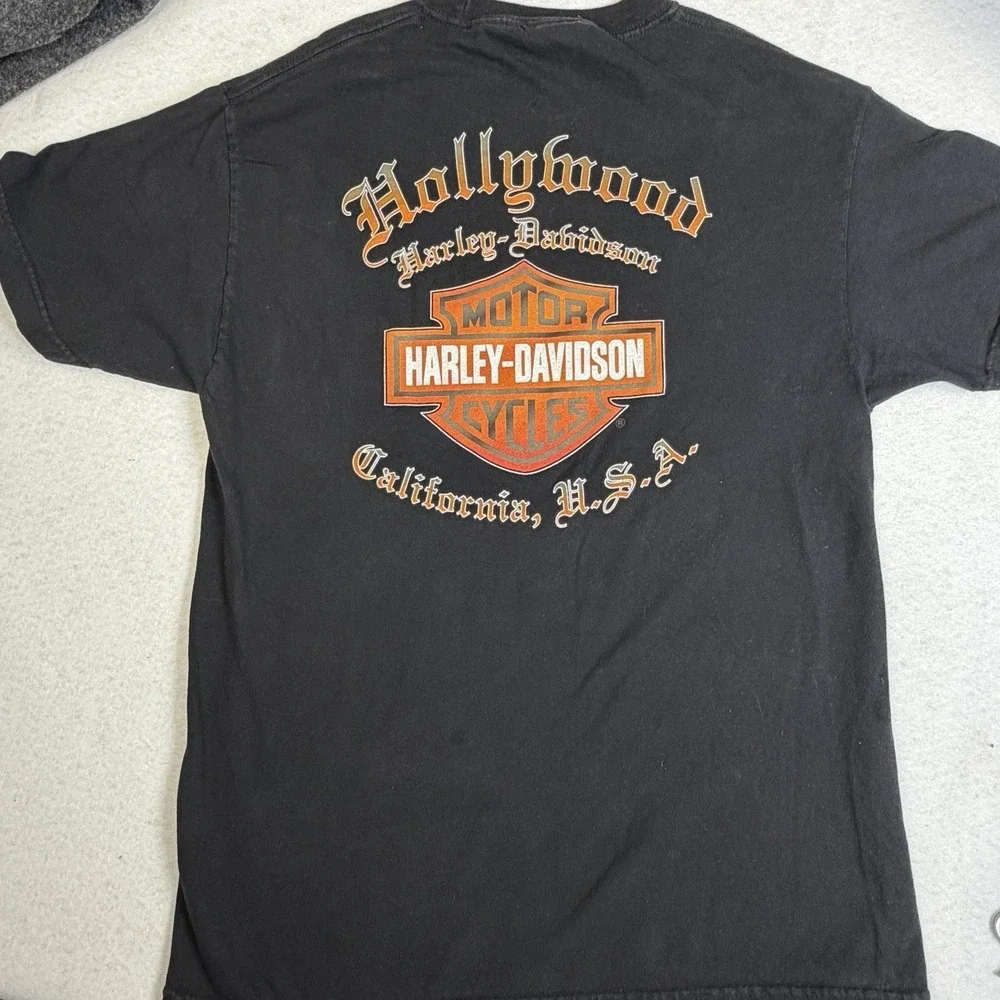 Harley Davidson T Shirt L Black Made In USA Hollywood CA Flame‎ Skull Biker VTG